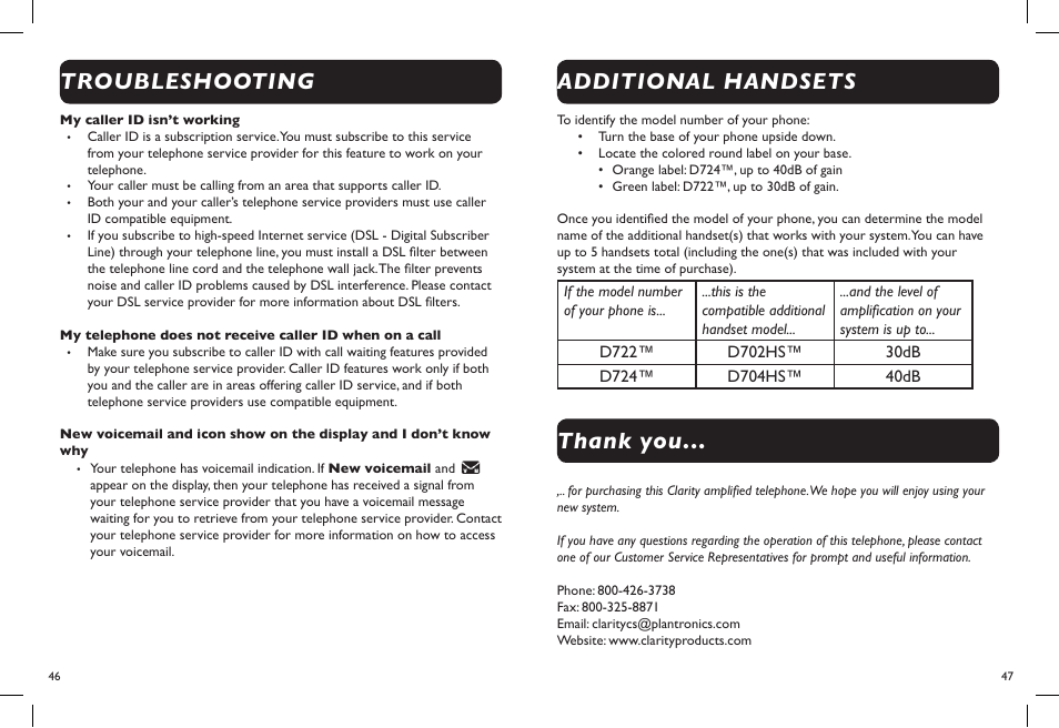 Troubleshooting, Additional handsets | Clarity D722 User Manual | Page 25 / 26