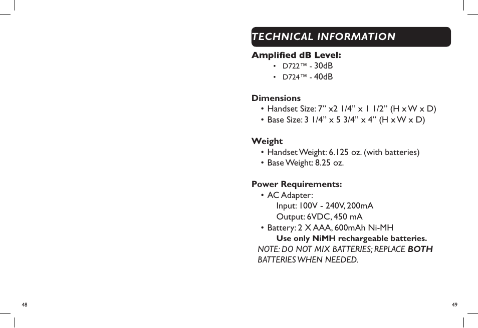 Technical information | Clarity D722 User Manual | Page 26 / 26