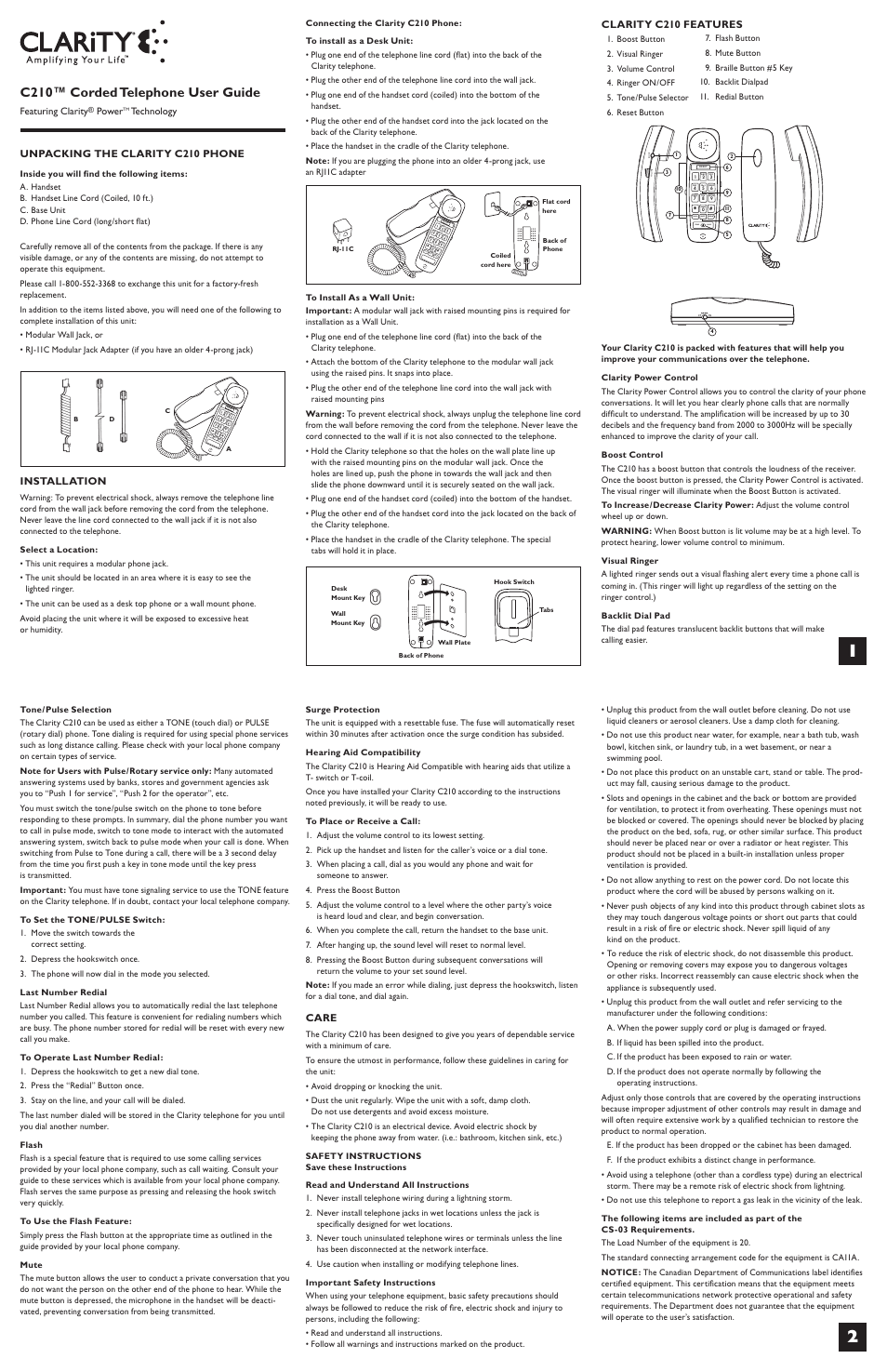 Clarity C210 User Manual | 6 pages