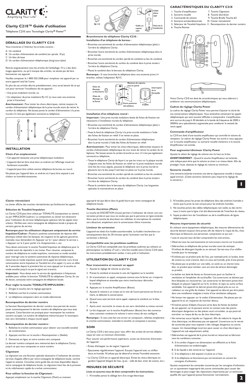 Jk l, Clarity c210™ guide d’utilisation, Mute | Redial flash, Tone pulse | Clarity C210 User Manual | Page 5 / 6