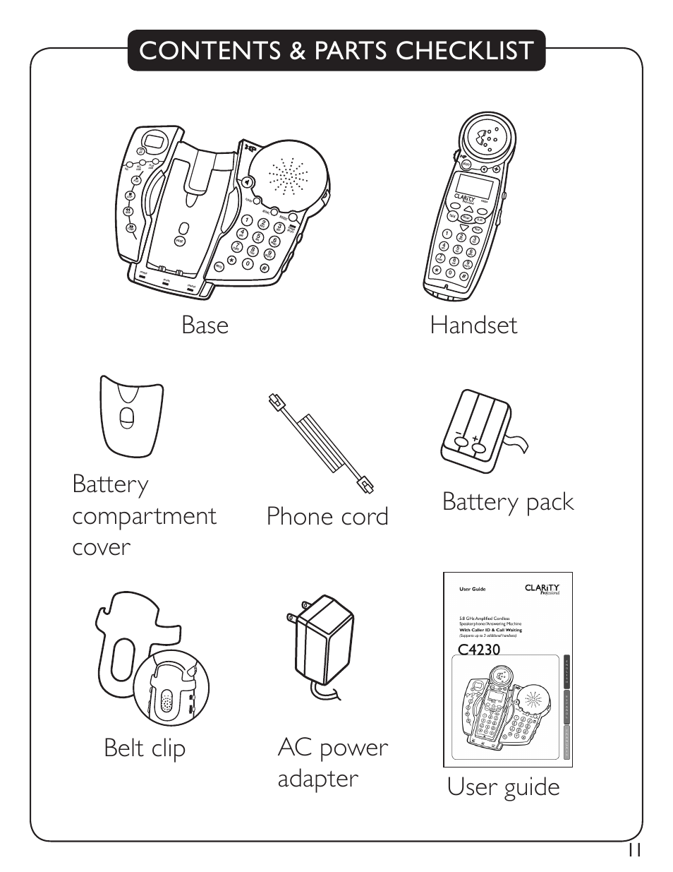 Battery pack, Phone cord contents & parts checklist user guide | Clarity C4230 User Manual | Page 11 / 65