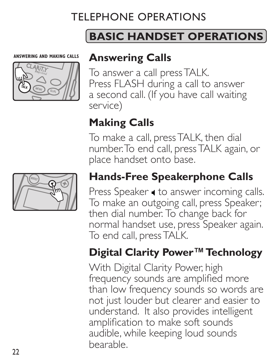 Telephone operations basic handset operations | Clarity C4230 User Manual | Page 22 / 65