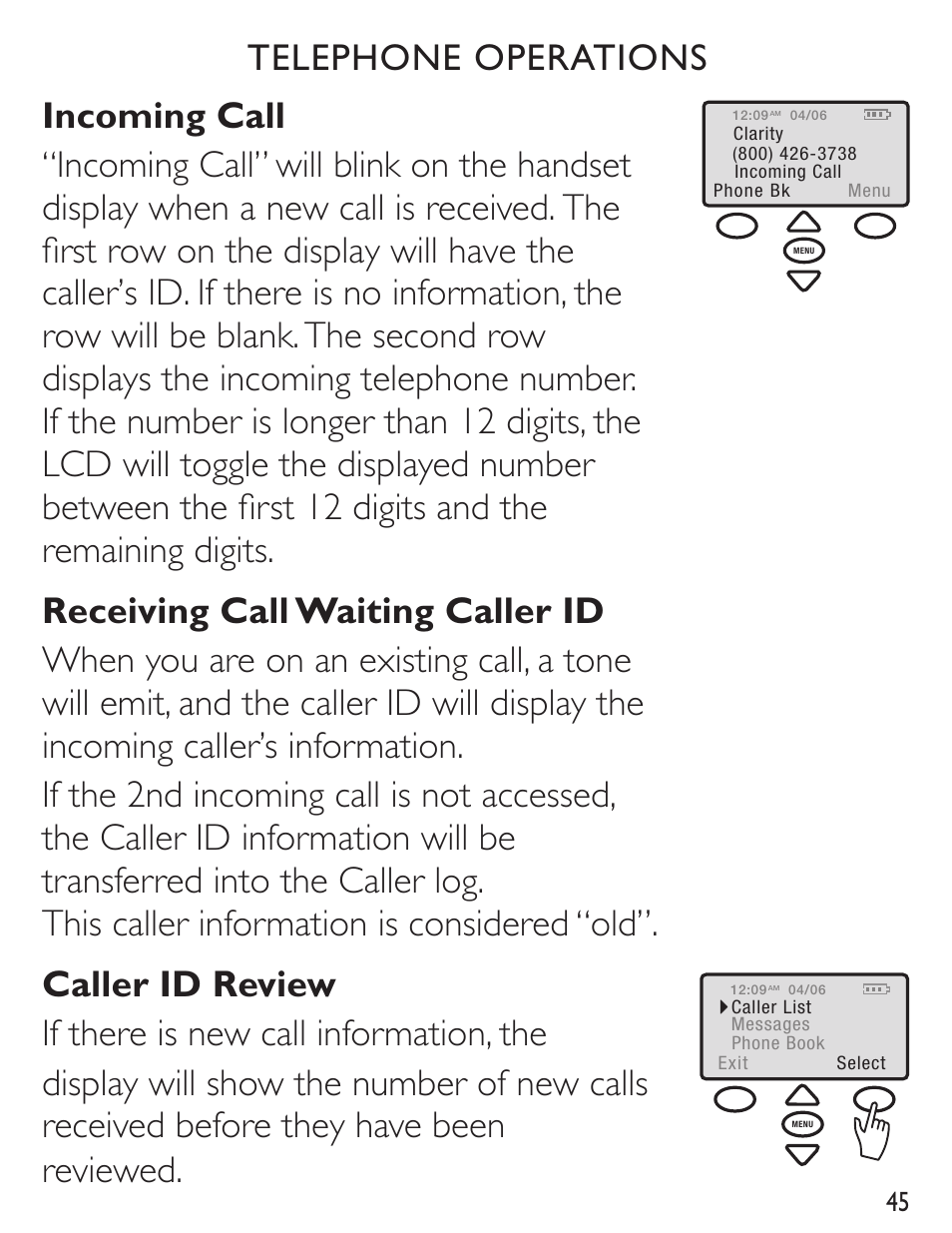Telephone operations | Clarity C4230 User Manual | Page 45 / 65