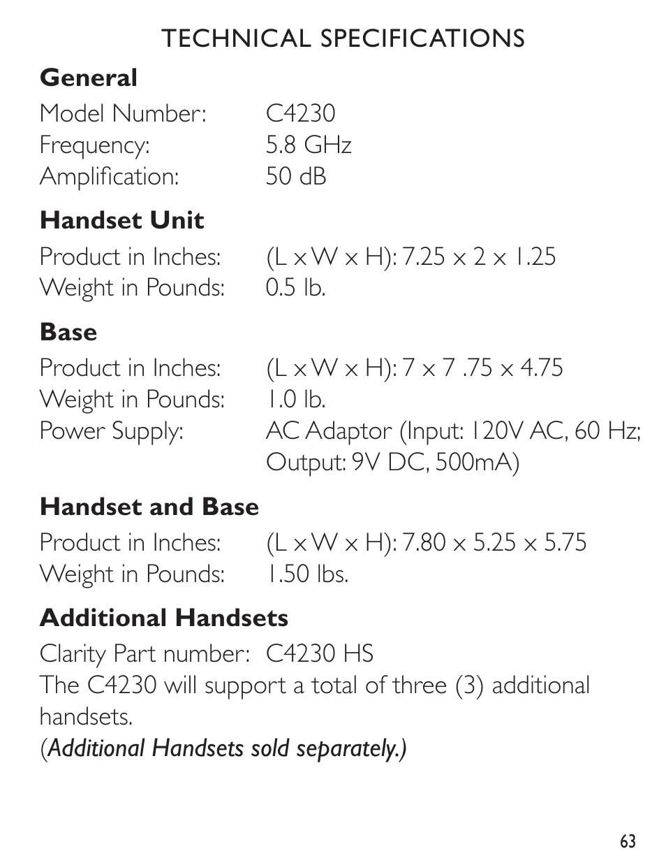 Clarity C4230 User Manual | Page 63 / 65