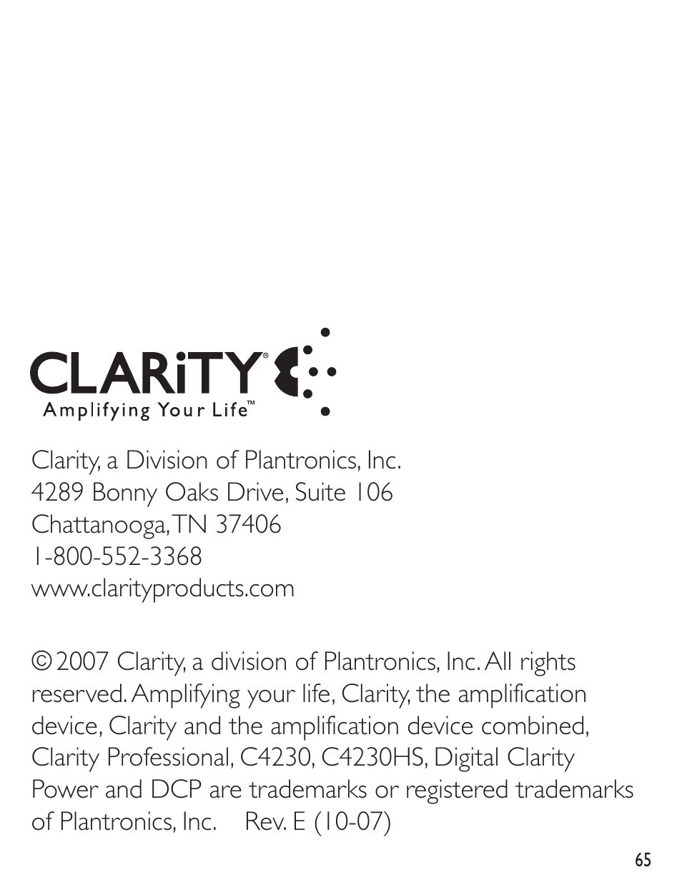 Clarity C4230 User Manual | Page 65 / 65