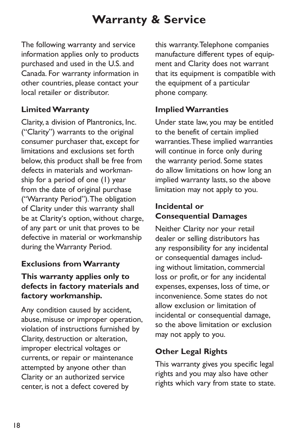 Warranty & service | Clarity POWER P400 User Manual | Page 18 / 64