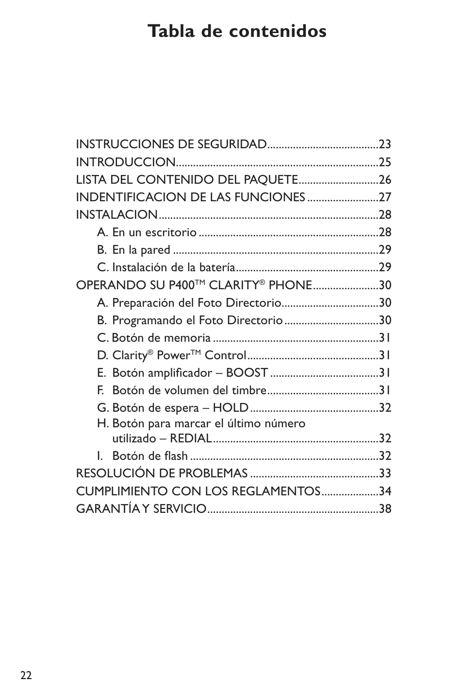 Clarity POWER P400 User Manual | Page 22 / 64