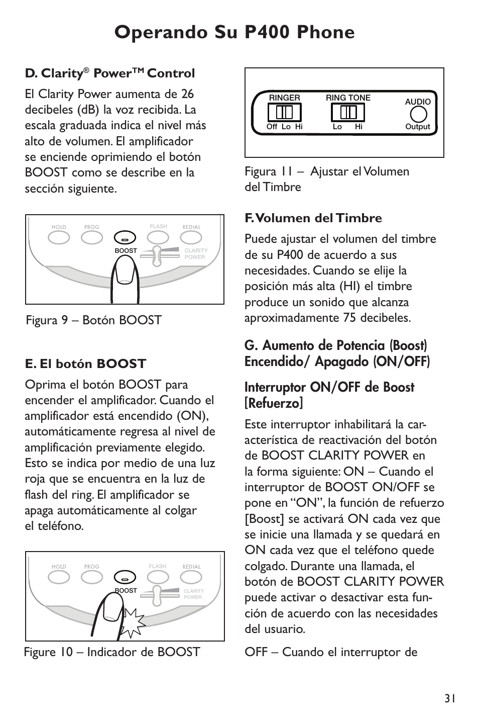 Operando su p400 phone, D. clarity, Power | Figure 10 – indicador de boost, Figura 11 – ajustar el volumen del timbre | Clarity POWER P400 User Manual | Page 31 / 64