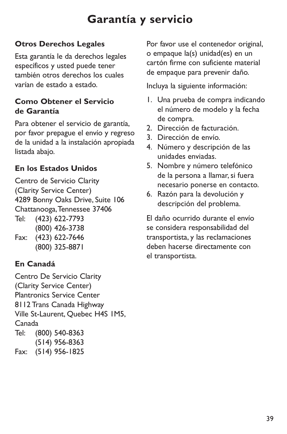 Garantía y servicio | Clarity POWER P400 User Manual | Page 39 / 64