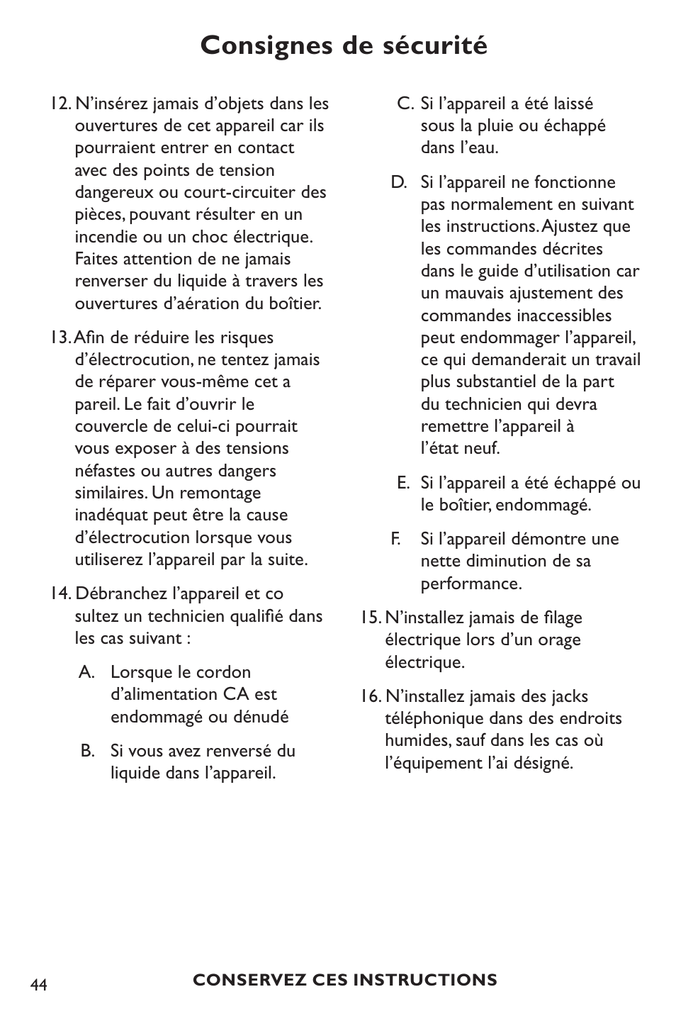 Consignes de sécurité | Clarity POWER P400 User Manual | Page 44 / 64