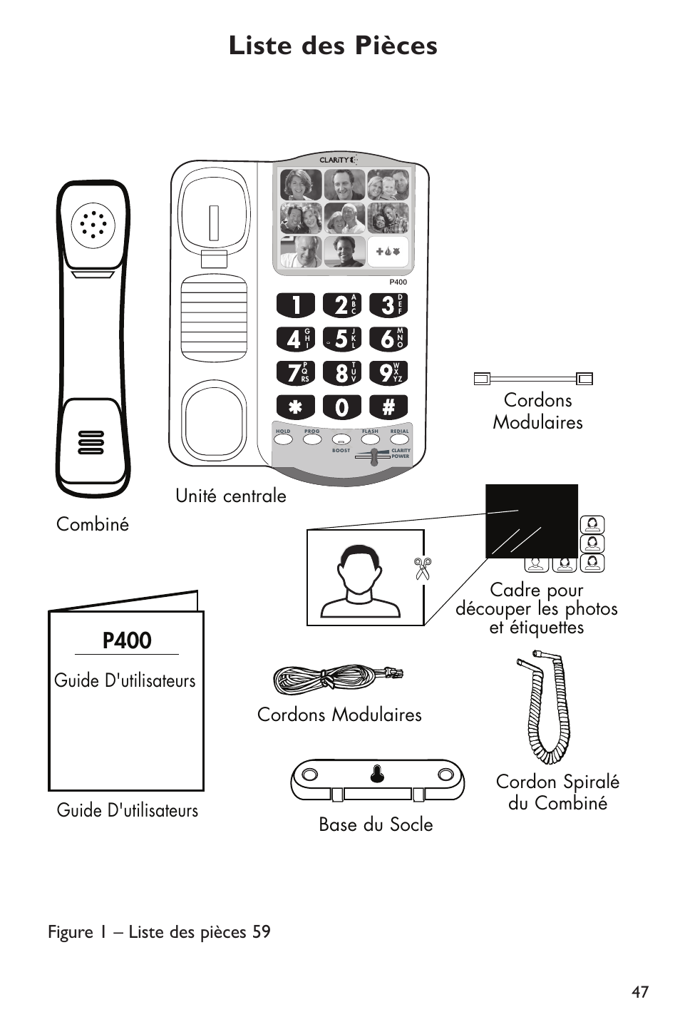 Liste des pièces, P400, Guide d'utilisateurs | Figure 1 – liste des pièces 59 | Clarity POWER P400 User Manual | Page 47 / 64