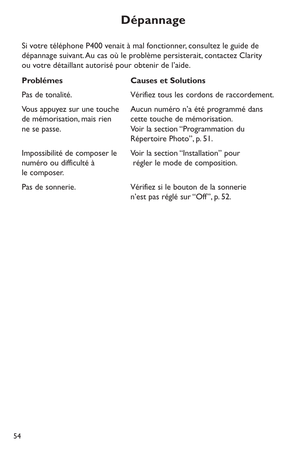 Dépannage | Clarity POWER P400 User Manual | Page 54 / 64