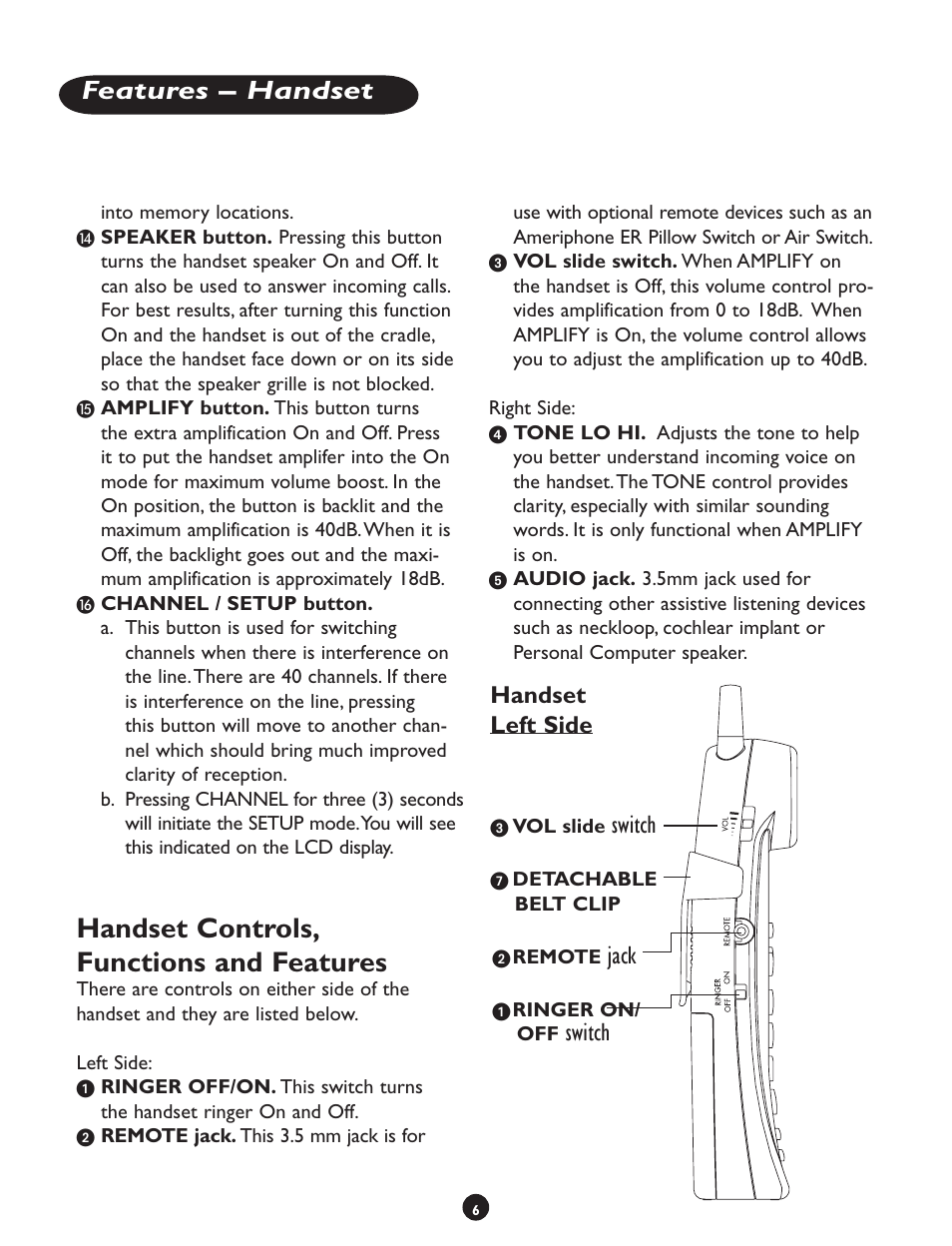Handset controls, functions and features, Features – handset, Switch | Jack, Handset left side | Clarity CLS 45i User Manual | Page 10 / 108