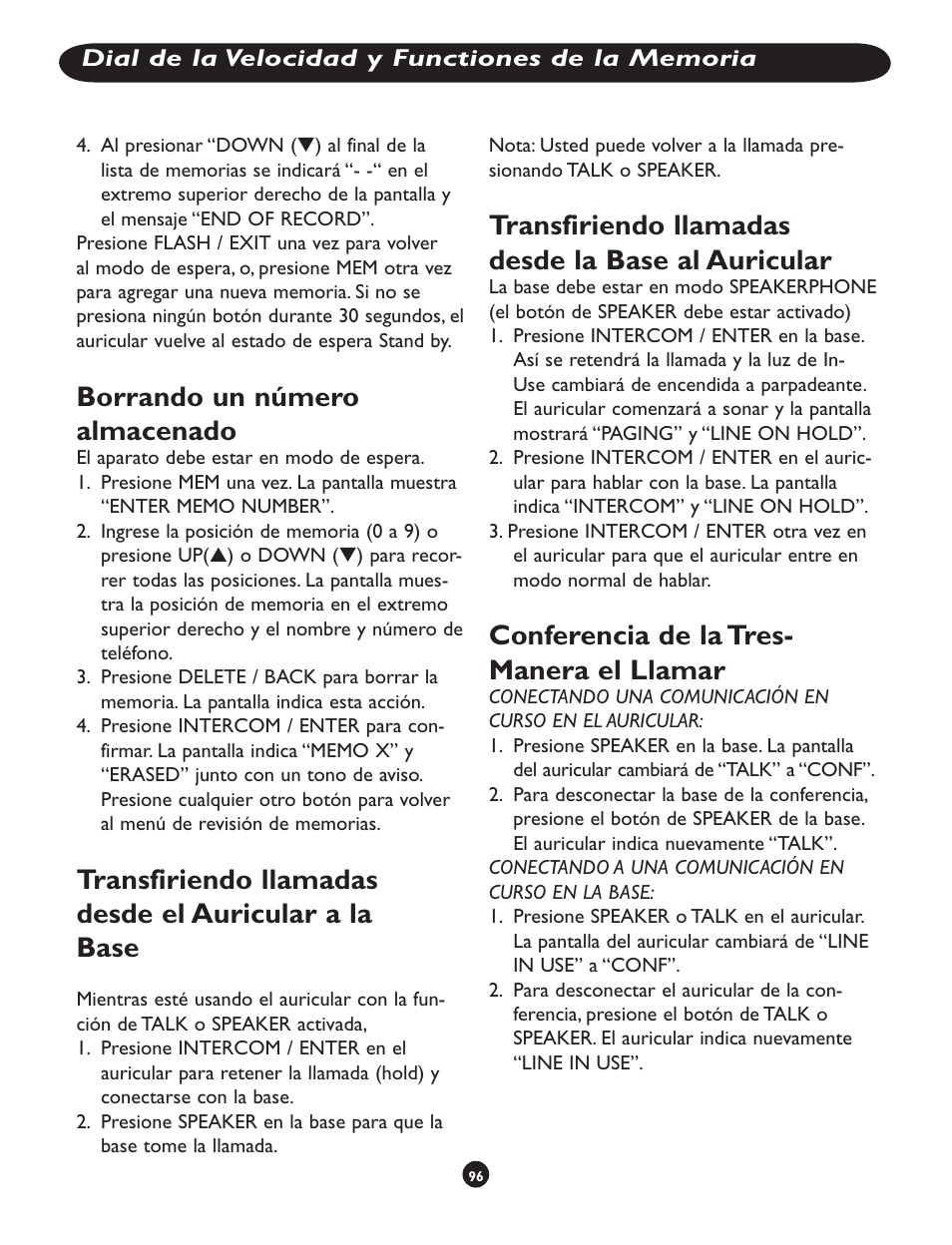 Borrando un número almacenado, Transfiriendo llamadas desde la base al auricular, Conferencia de la tres- manera el llamar | Clarity CLS 45i User Manual | Page 100 / 108