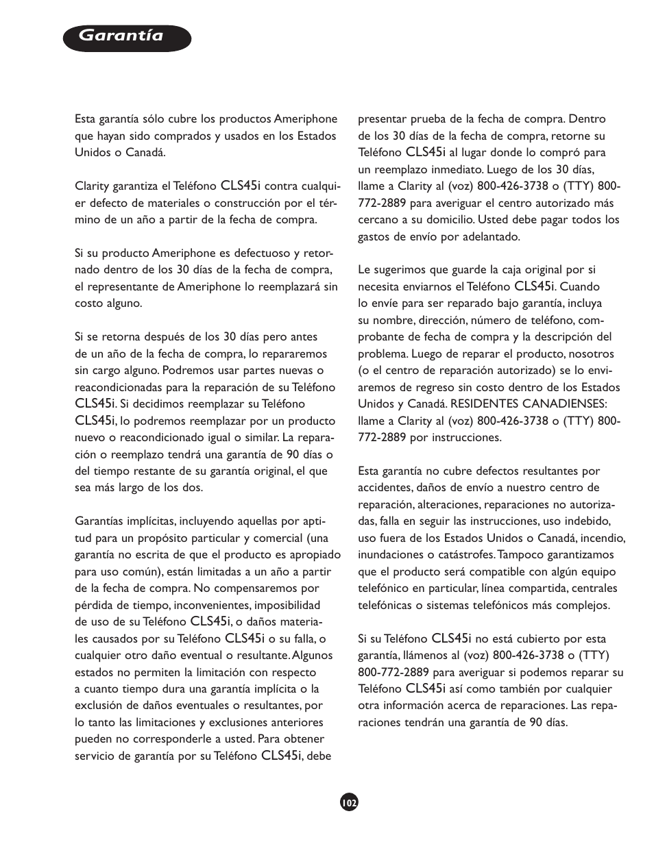Garantía | Clarity CLS 45i User Manual | Page 106 / 108