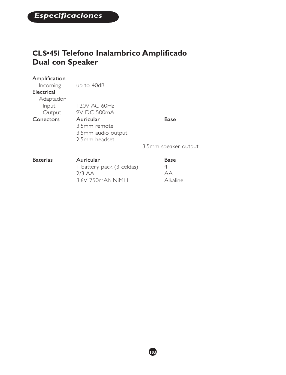 Telefono inalambrico amplificado dual con speaker, Especificaciones cls•45i | Clarity CLS 45i User Manual | Page 107 / 108