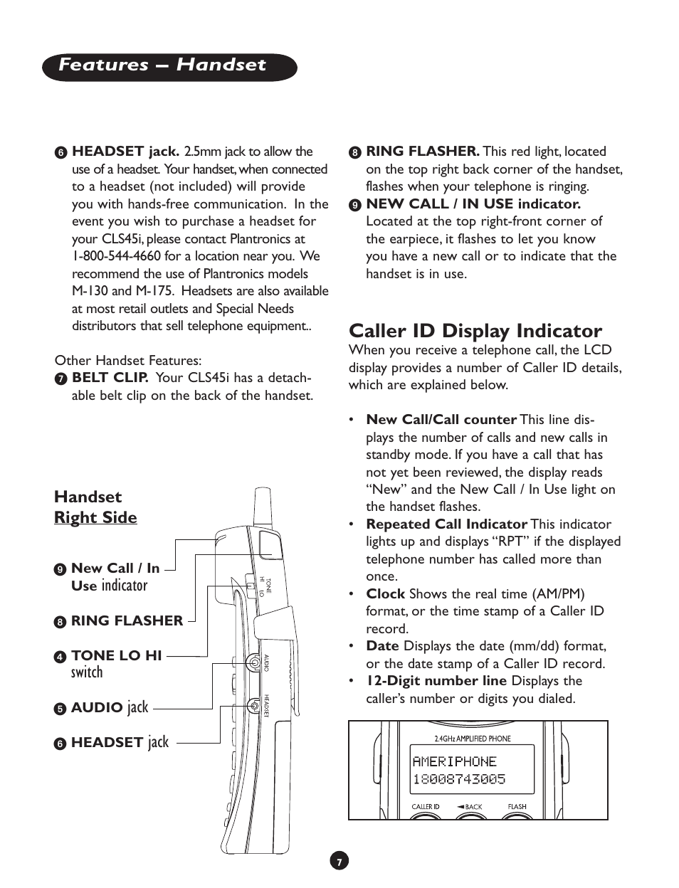 Caller id display indicator, Features – handset, Indicator | Switch, Jack, Handset right side | Clarity CLS 45i User Manual | Page 11 / 108