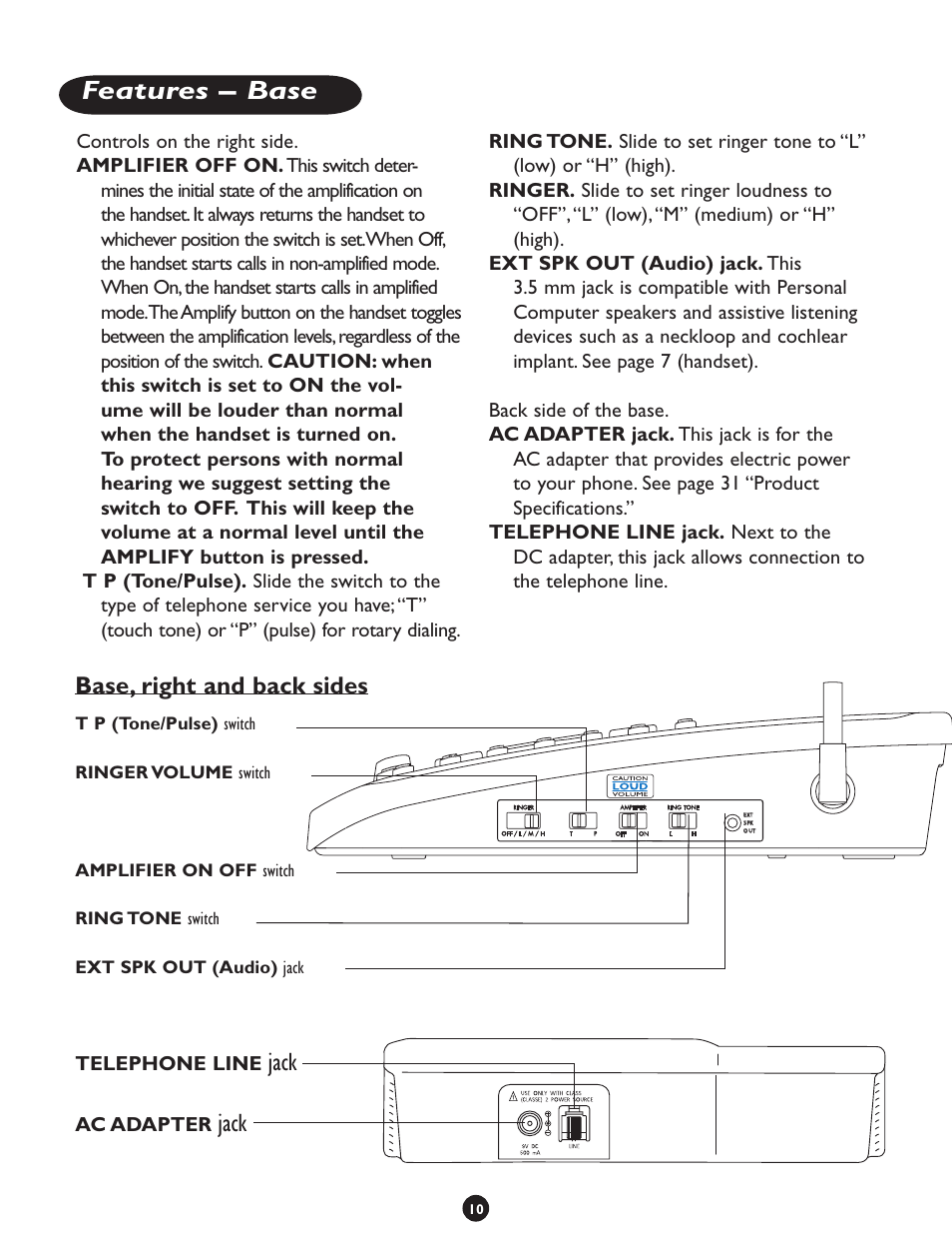 Features – base, Jack, Base, right and back sides | Telephone line, Ac adapter | Clarity CLS 45i User Manual | Page 14 / 108
