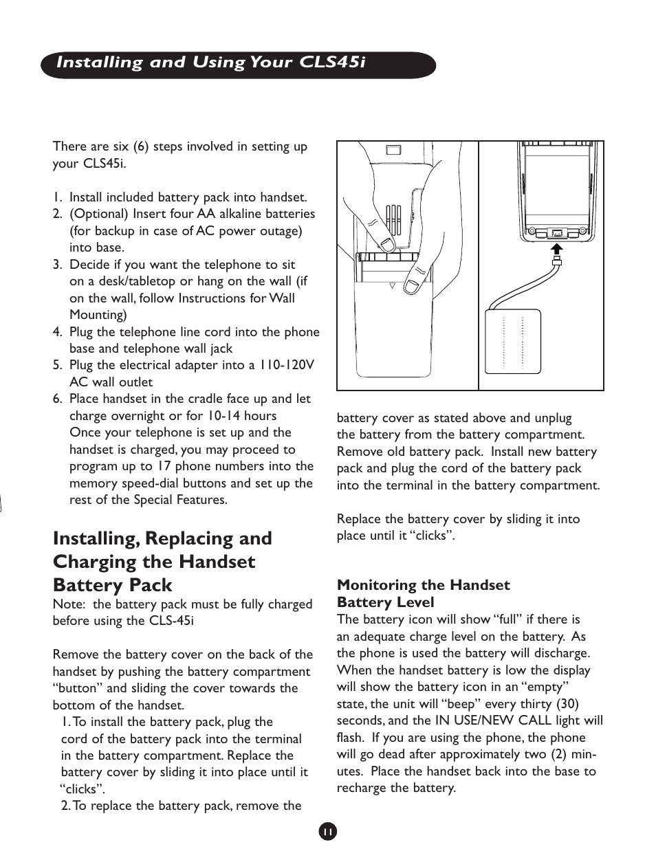 Installing and using your cls45i, Monitoring the handset battery level | Clarity CLS 45i User Manual | Page 15 / 108