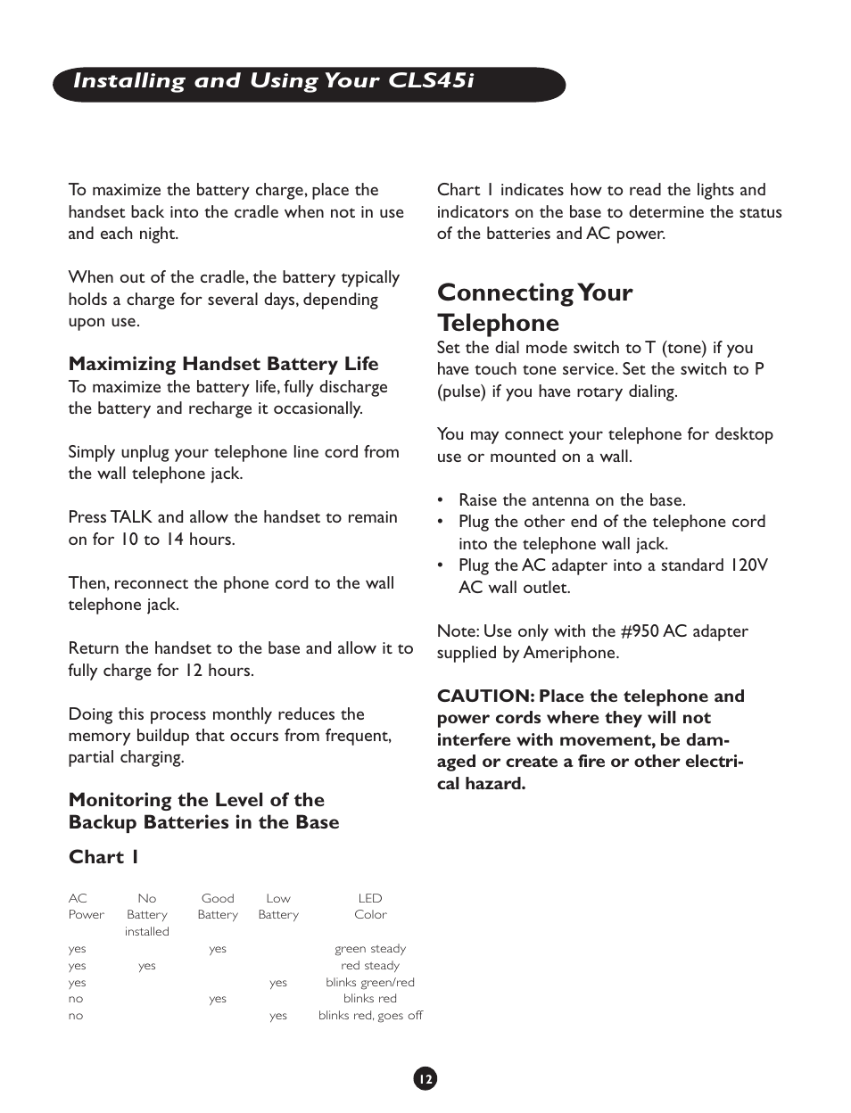 Connecting your telephone, Installing and using your cls45i, Maximizing handset battery life | Chart 1 | Clarity CLS 45i User Manual | Page 16 / 108