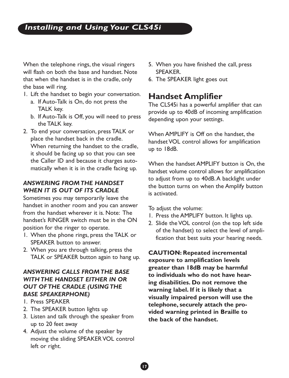 Handset amplifier, Installing and using your cls45i | Clarity CLS 45i User Manual | Page 21 / 108