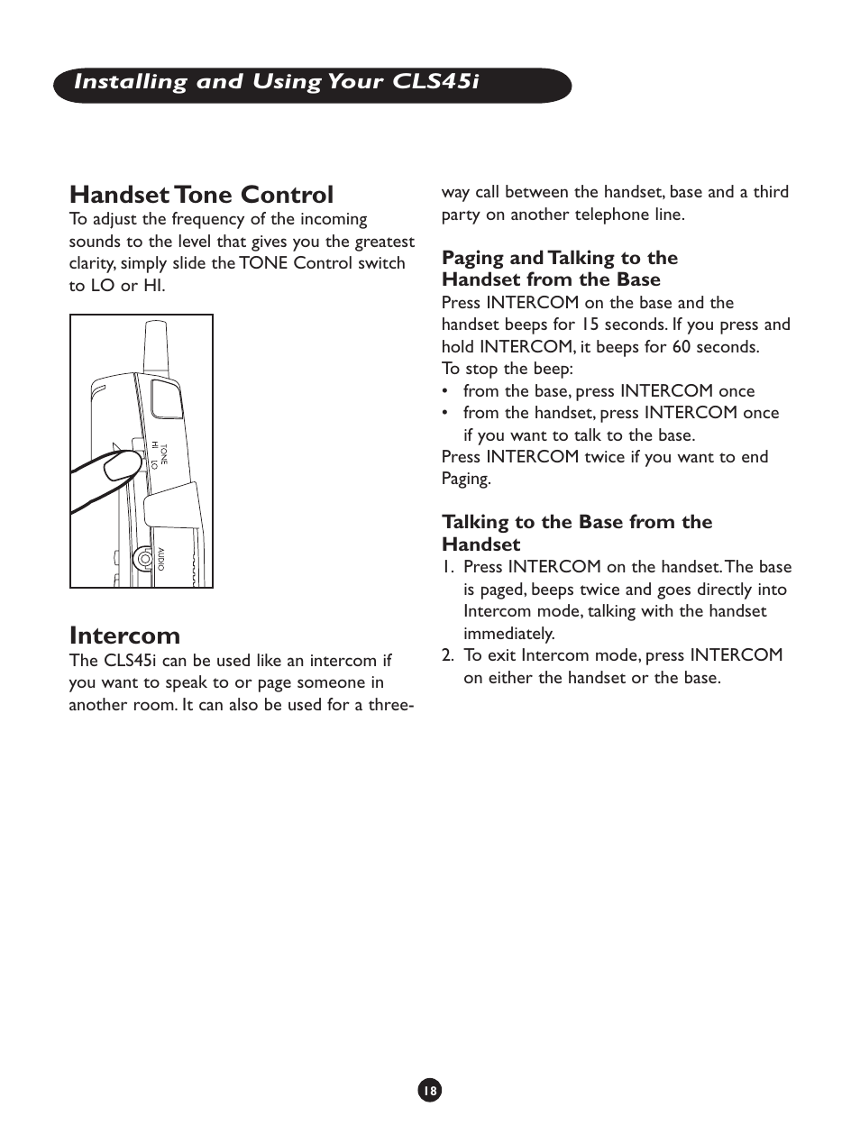 Handset tone control, Intercom | Clarity CLS 45i User Manual | Page 22 / 108