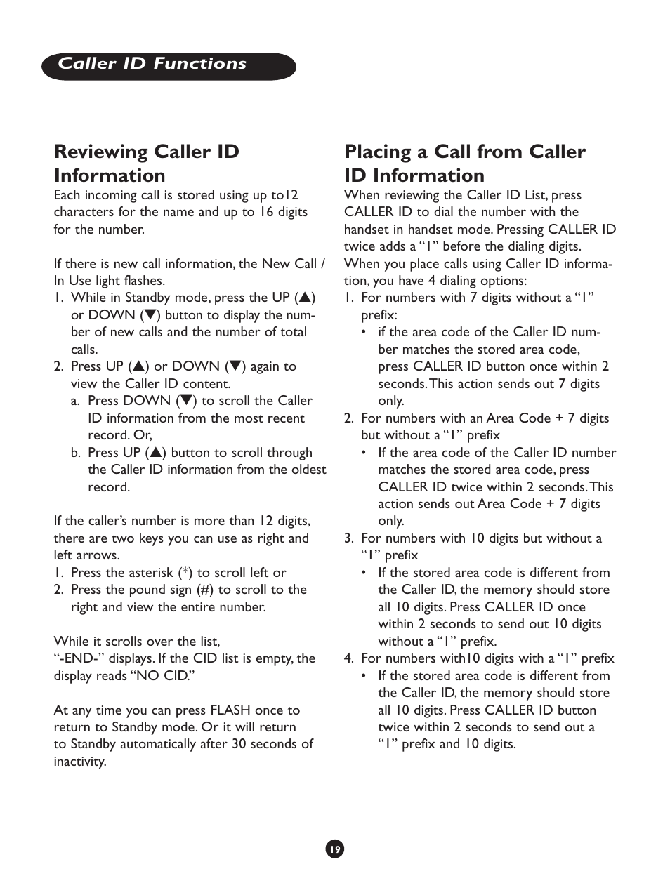 Reviewing caller id information, Placing a call from caller id information, Caller id functions | Clarity CLS 45i User Manual | Page 23 / 108