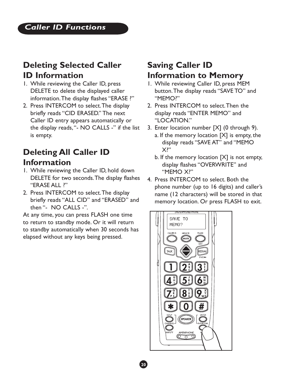 Deleting selected caller id information, Deleting all caller id information | Clarity CLS 45i User Manual | Page 24 / 108