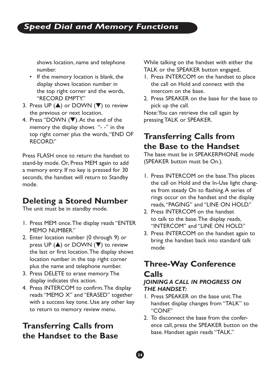 Deleting a stored number, Transferring calls from the handset to the base, Transferring calls from the base to the handset | Three-way conference calls | Clarity CLS 45i User Manual | Page 28 / 108