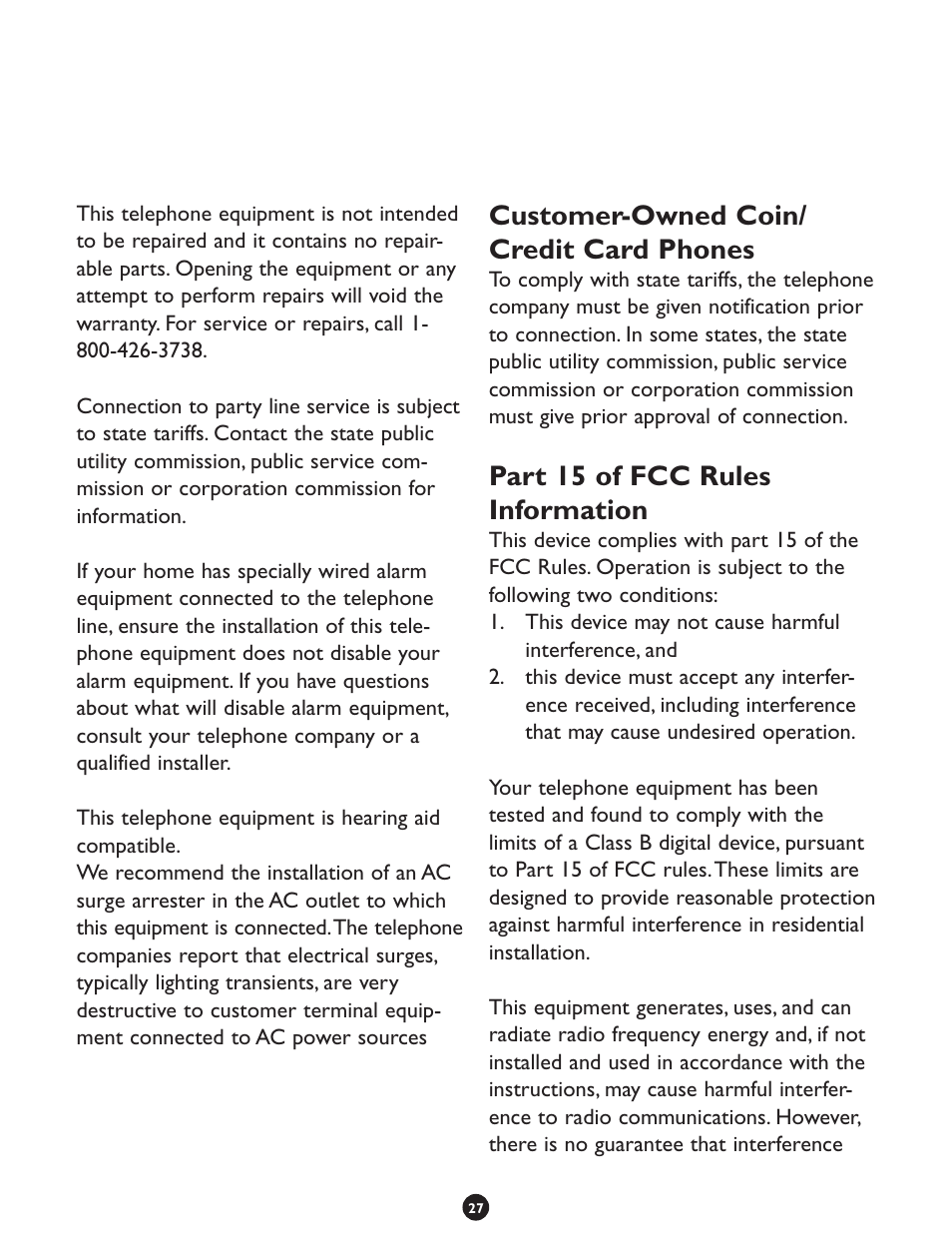Customer-owned coin/ credit card phones, Part 15 of fcc rules information | Clarity CLS 45i User Manual | Page 31 / 108