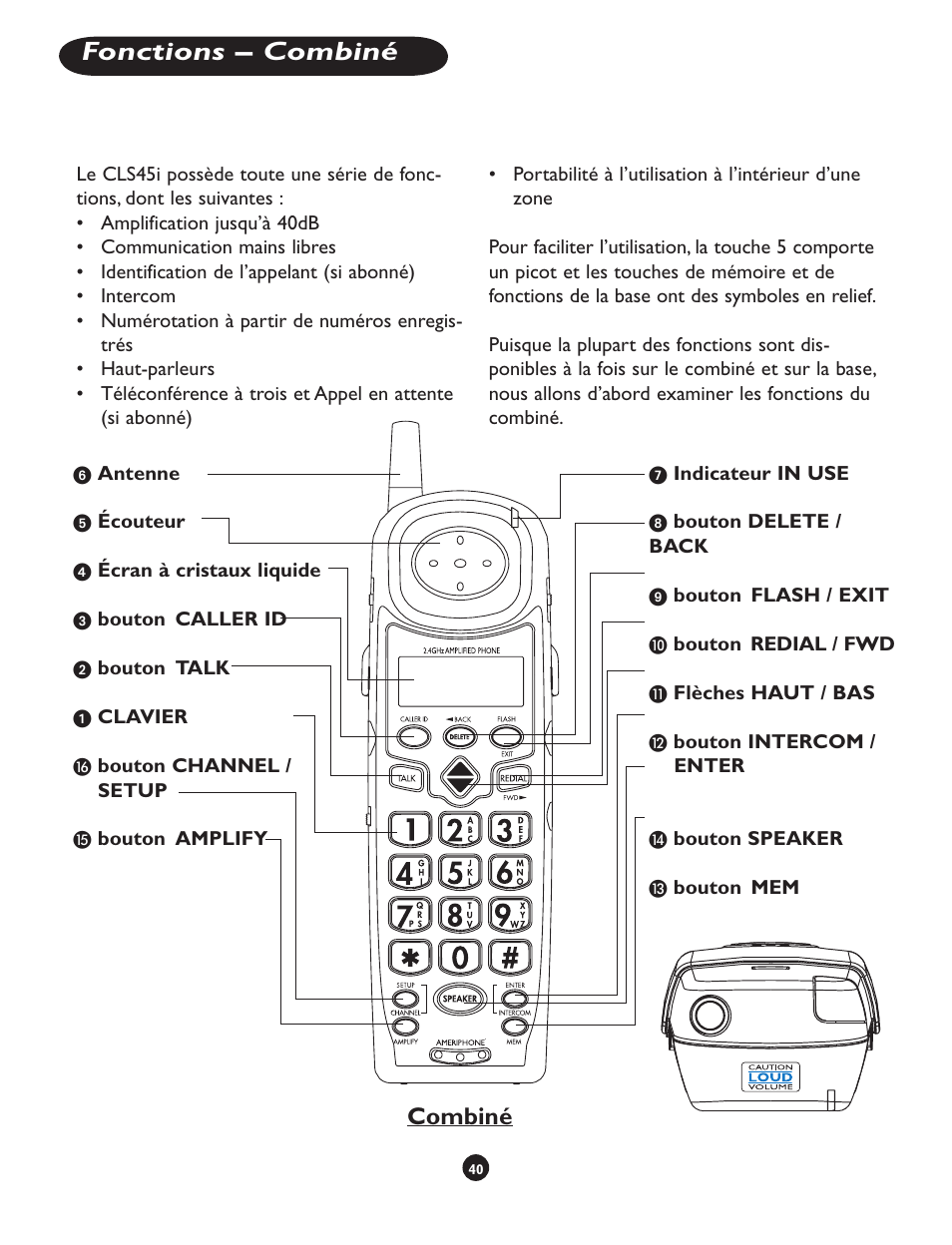Fonctions – combiné, Combiné | Clarity CLS 45i User Manual | Page 44 / 108