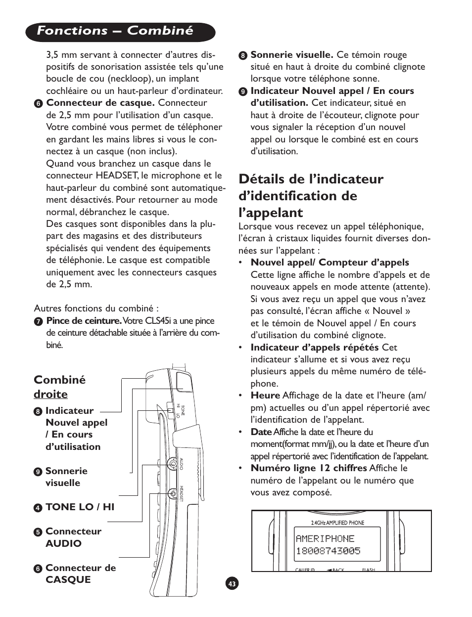 Fonctions – combiné, Combiné droite | Clarity CLS 45i User Manual | Page 47 / 108