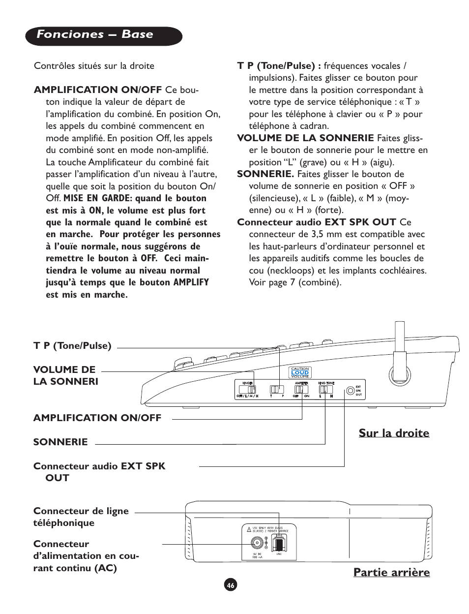 Fonciones – base, Sur la droite partie arrière | Clarity CLS 45i User Manual | Page 50 / 108