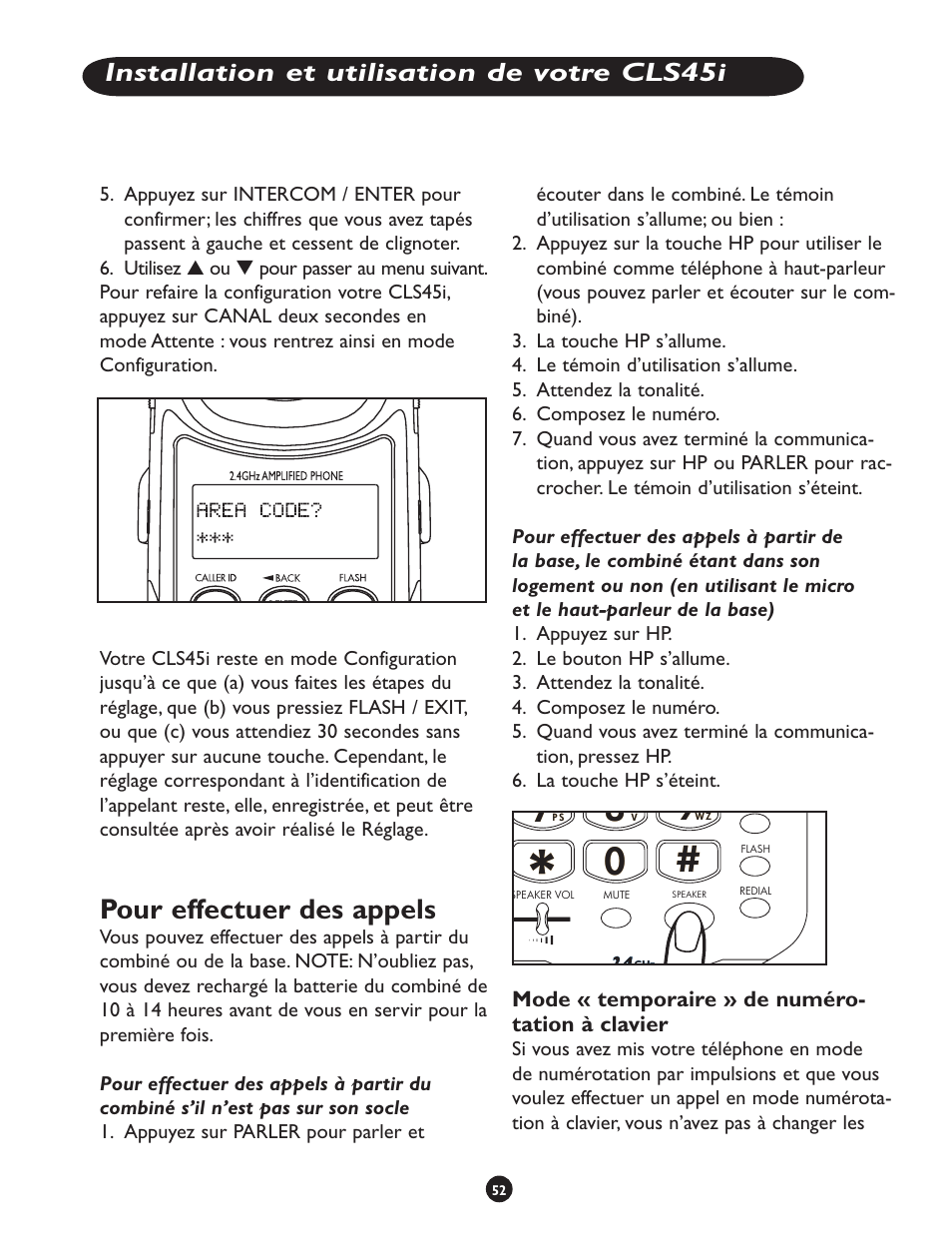 Pour effectuer des appels, Installation et utilisation de votre cls45i, Mode « temporaire » de numéro- tation à clavier | Clarity CLS 45i User Manual | Page 56 / 108