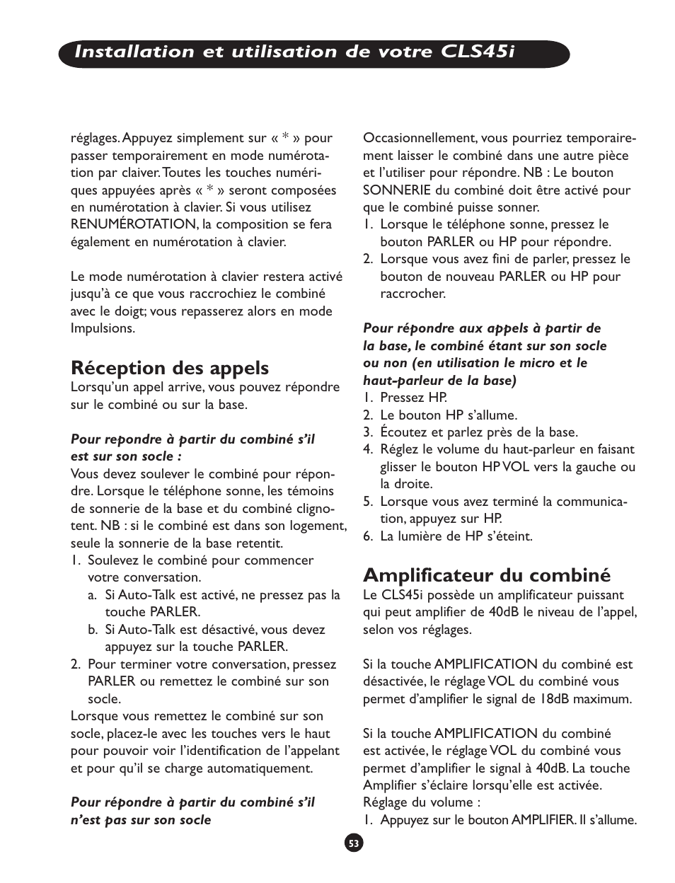 Réception des appels, Amplificateur du combiné, Installation et utilisation de votre cls45i | Clarity CLS 45i User Manual | Page 57 / 108