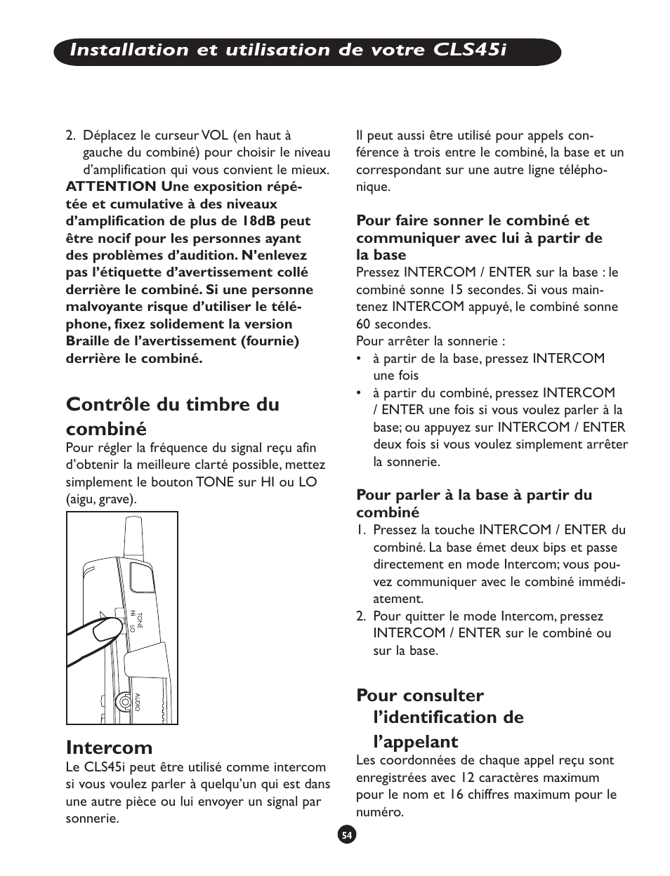 Contrôle du timbre du combiné, Intercom, Pour consulter l’identification de l’appelant | Installation et utilisation de votre cls45i | Clarity CLS 45i User Manual | Page 58 / 108