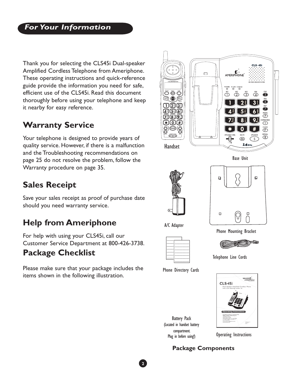 Warranty service, Sales receipt, Help from ameriphone | Package checklist, For your information | Clarity CLS 45i User Manual | Page 6 / 108