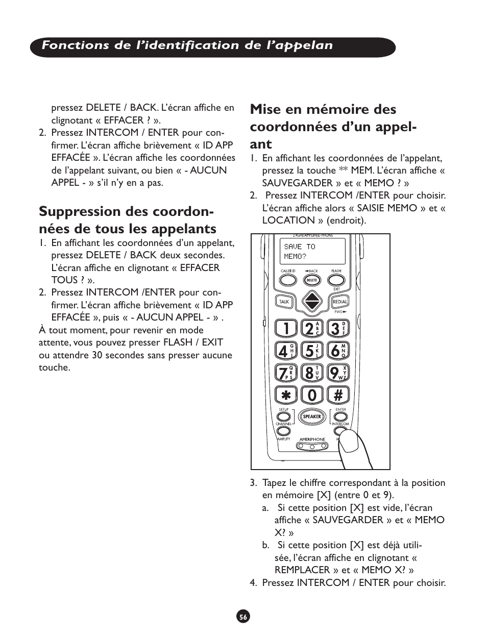 Mise en mémoire des coordonnées d’un appel- ant | Clarity CLS 45i User Manual | Page 60 / 108