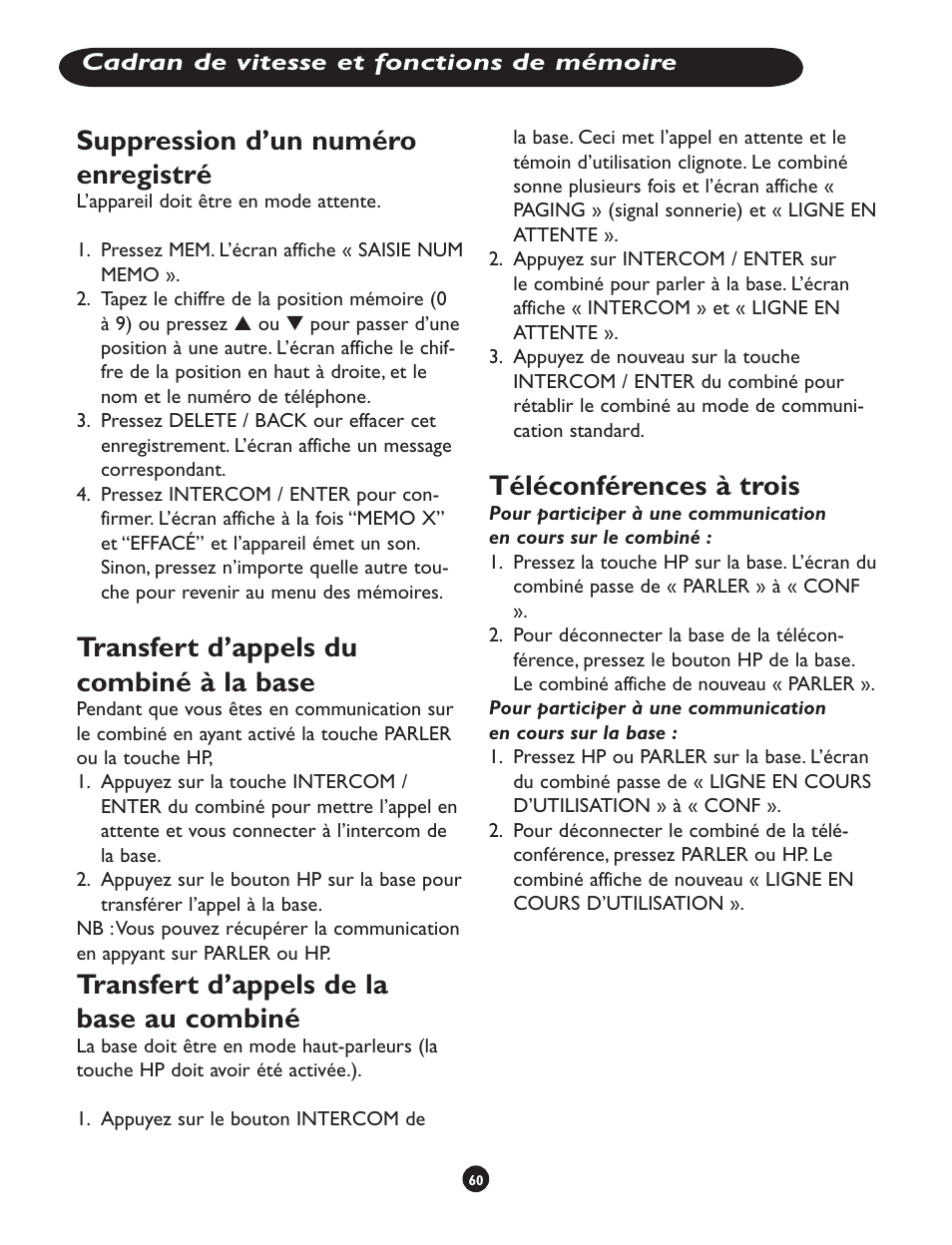 Suppression d’un numéro enregistré, Transfert d’appels du combiné à la base, Transfert d’appels de la base au combiné | Téléconférences à trois | Clarity CLS 45i User Manual | Page 64 / 108