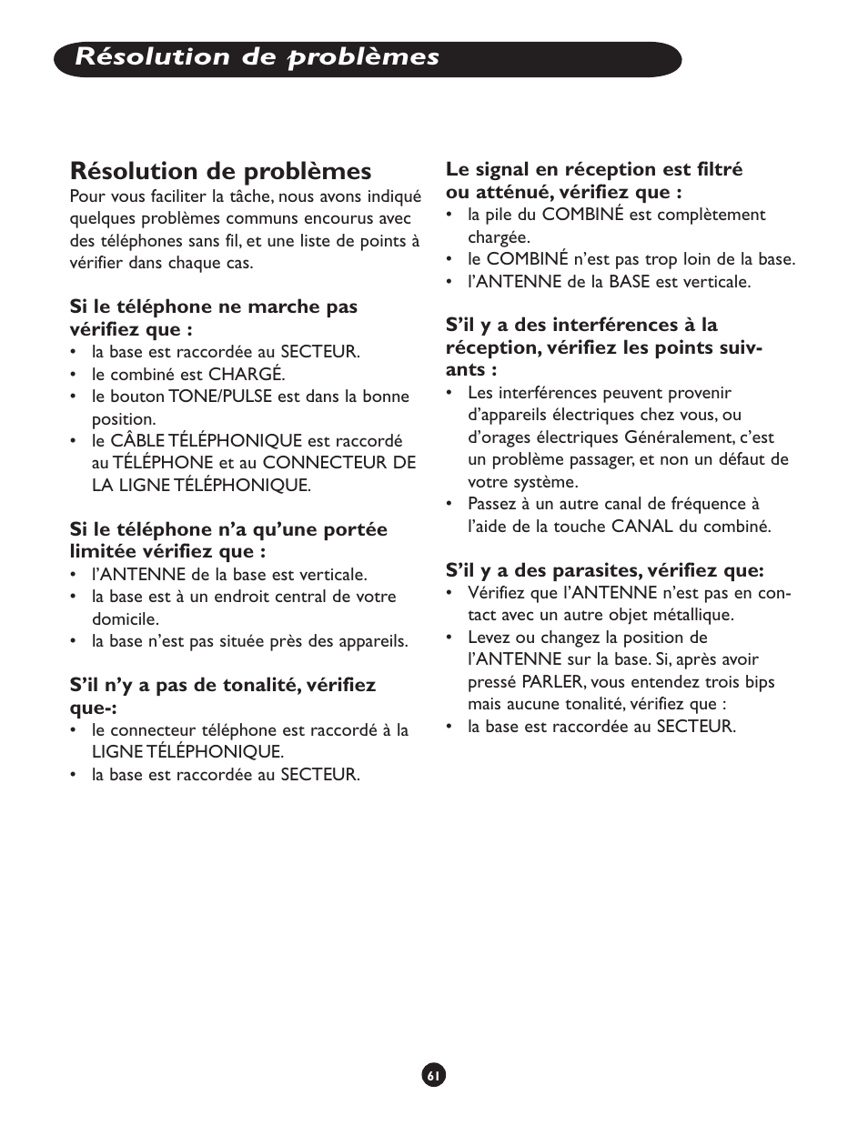 Résolution de problèmes | Clarity CLS 45i User Manual | Page 65 / 108