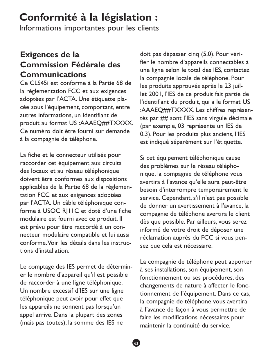 Conformité à la législation, Informations importantes pour les clients | Clarity CLS 45i User Manual | Page 66 / 108
