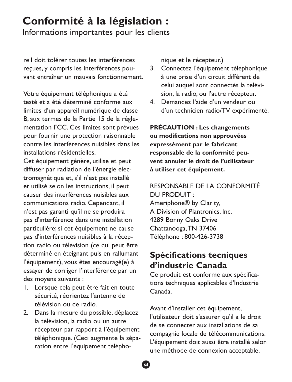 Conformité à la législation, Spécifications tecniques d’industrie canada, Informations importantes pour les clients | Clarity CLS 45i User Manual | Page 68 / 108