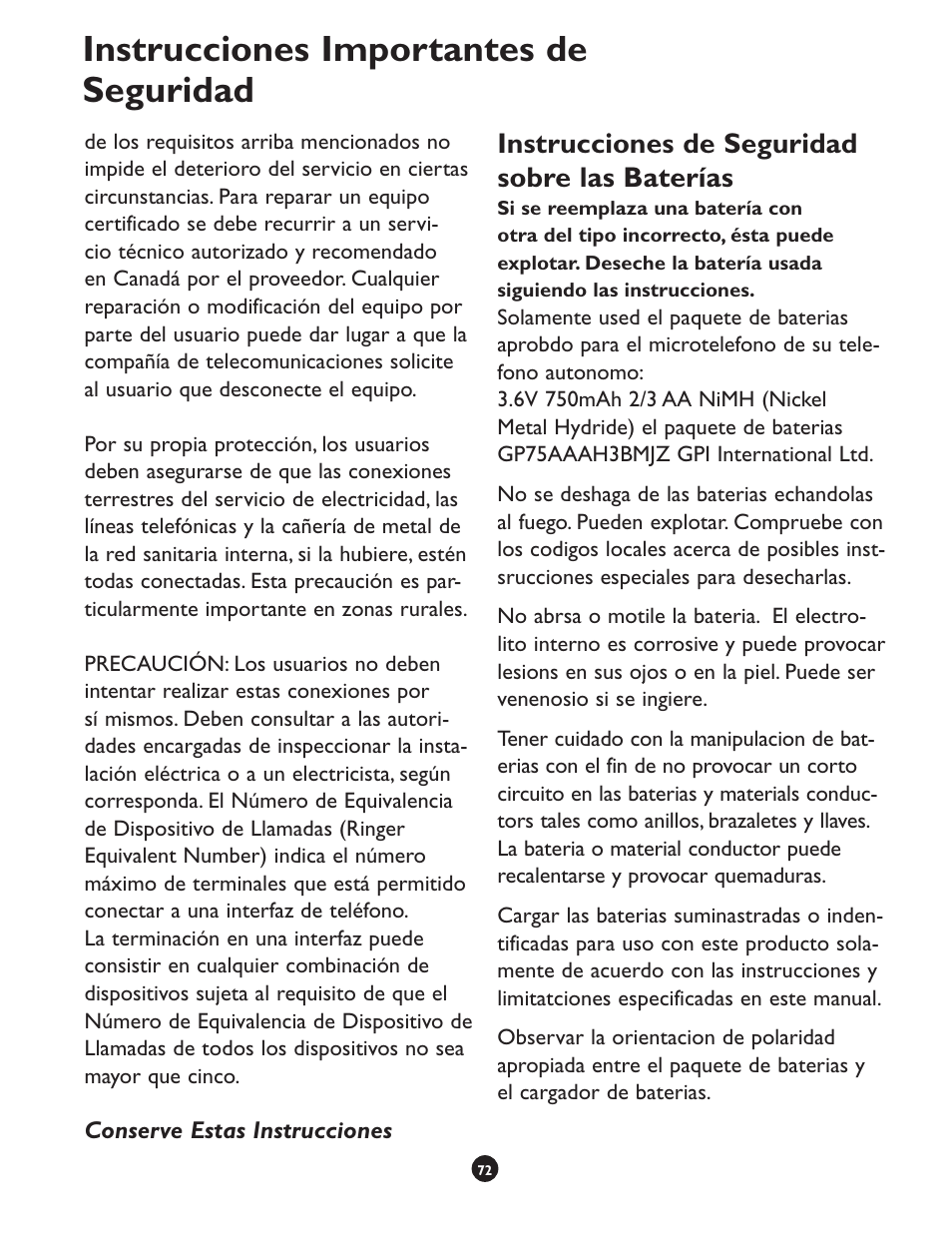 Instrucciones importantes de seguridad, Instrucciones de seguridad sobre las baterías | Clarity CLS 45i User Manual | Page 76 / 108