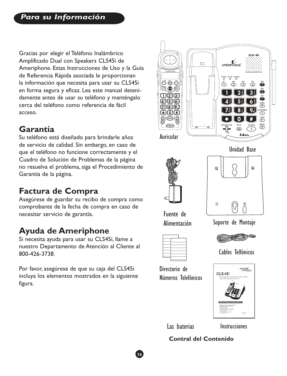 Garantía, Factura de compra, Ayuda de ameriphone | Clarity CLS 45i User Manual | Page 78 / 108