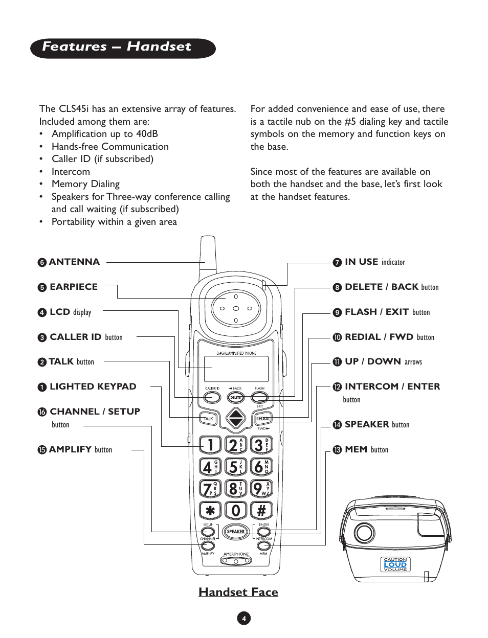 Features – handset, Handset face | Clarity CLS 45i User Manual | Page 8 / 108