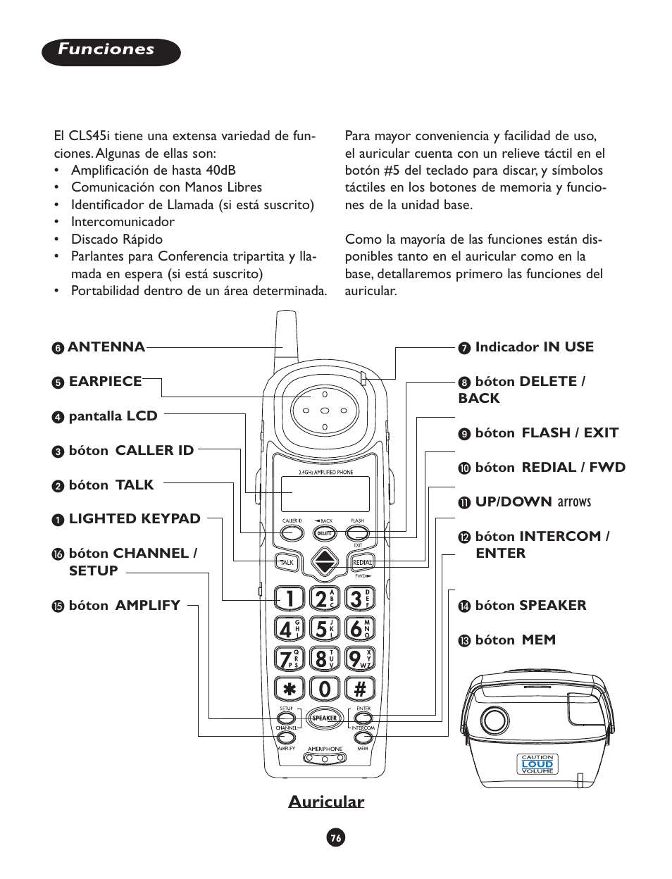 Arrows, Funciones, Auricular | Clarity CLS 45i User Manual | Page 80 / 108