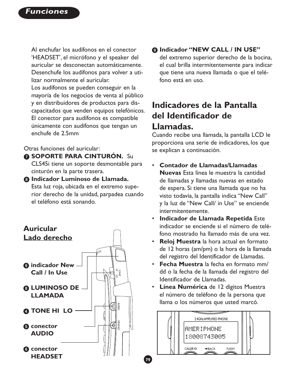 Auricular lado izqui- erdo auricular lado derecho, Funciones | Clarity CLS 45i User Manual | Page 83 / 108