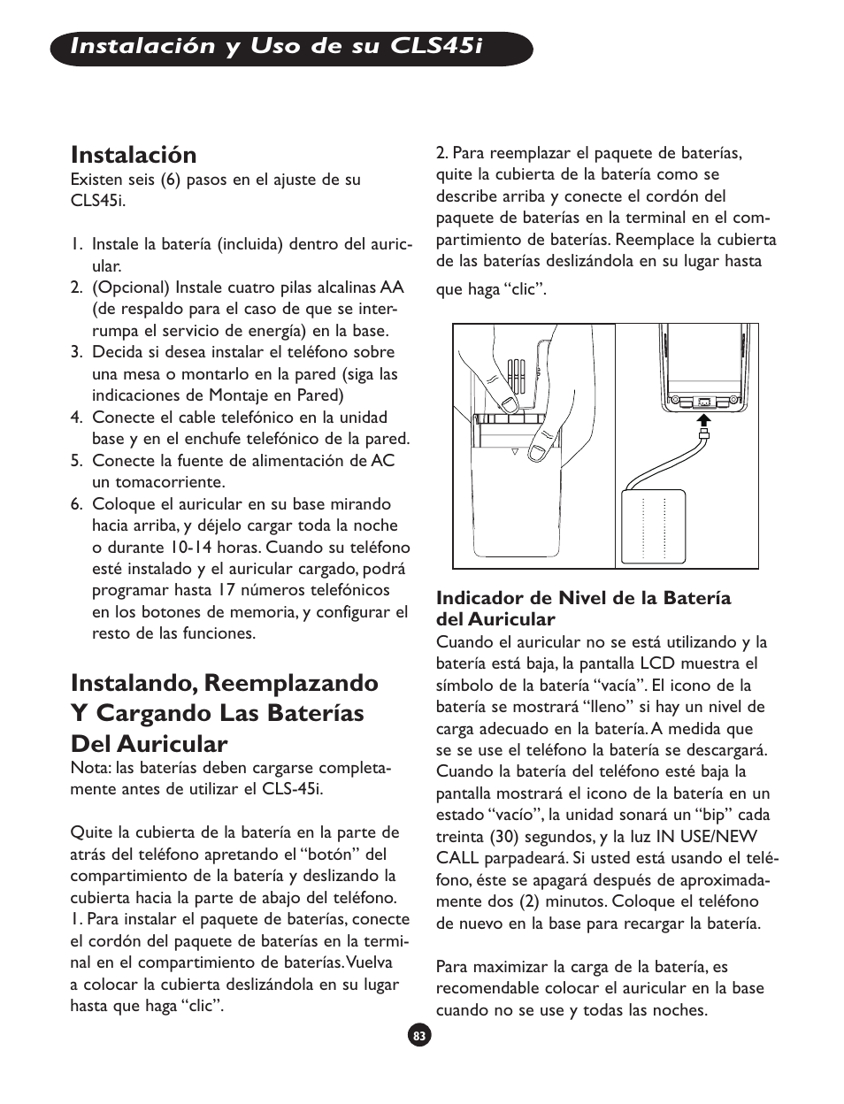 Instalación, Instalación y uso de su cls45i | Clarity CLS 45i User Manual | Page 87 / 108