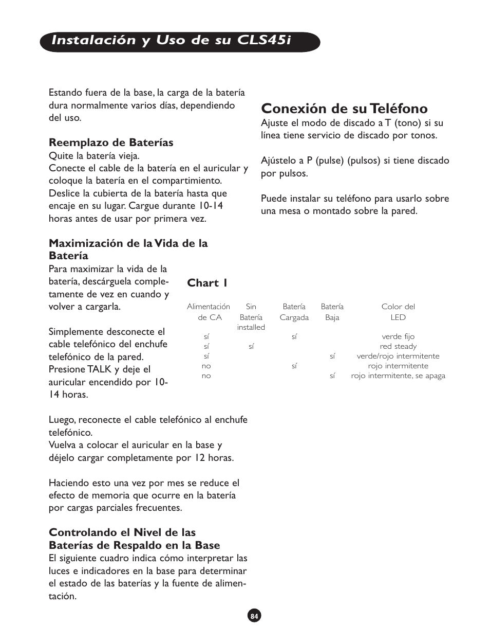 Conexión de su teléfono, Instalación y uso de su cls45i, Reemplazo de baterías | Maximización de la vida de la batería, Chart 1 | Clarity CLS 45i User Manual | Page 88 / 108