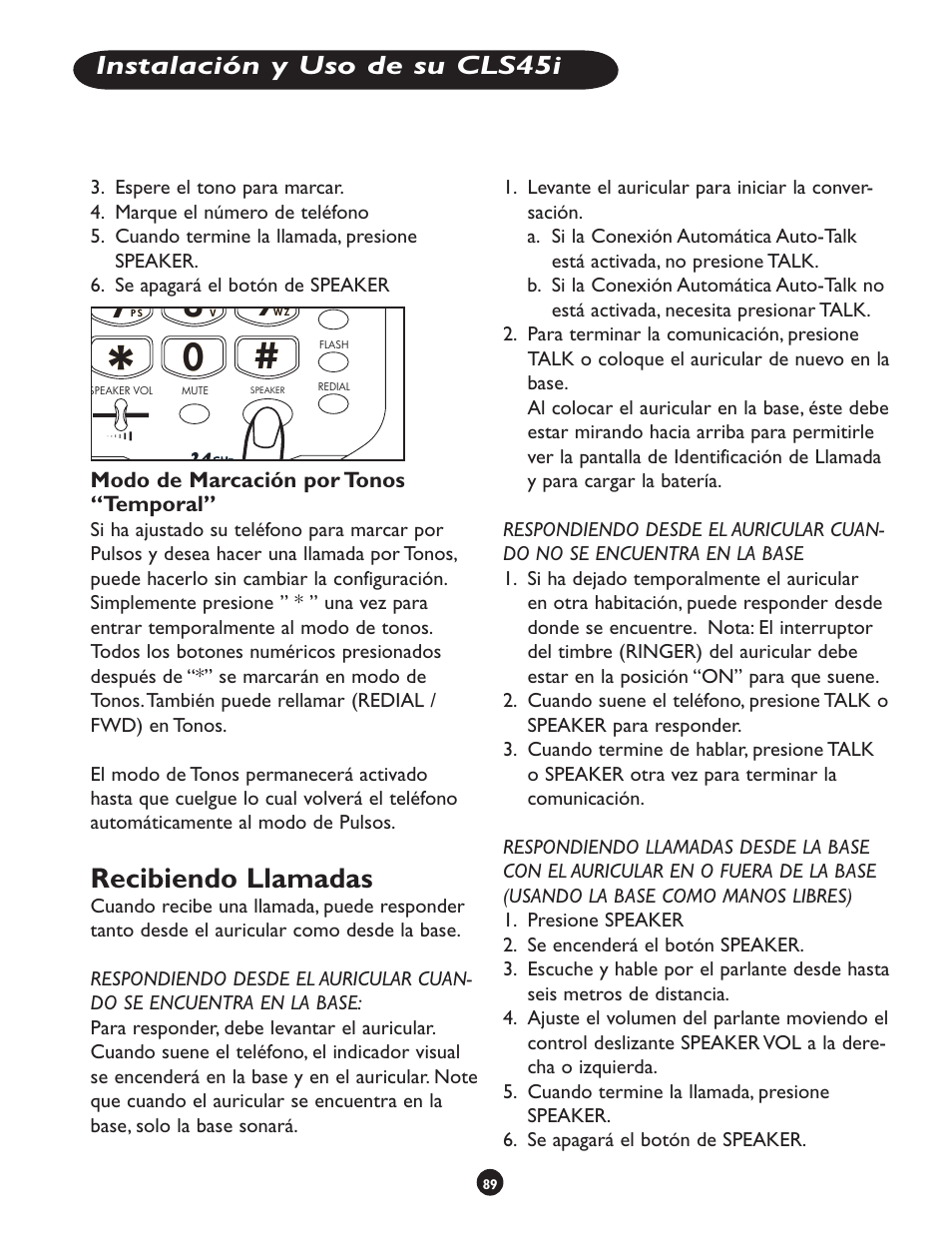 Recibiendo llamadas, Instalación y uso de su cls45i, Modo de marcación por tonos “temporal | Clarity CLS 45i User Manual | Page 93 / 108